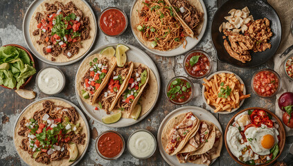 Photo of overhead shot showcasing a variety of delicious tacos and toppings arranged on a rustic table ready to be served