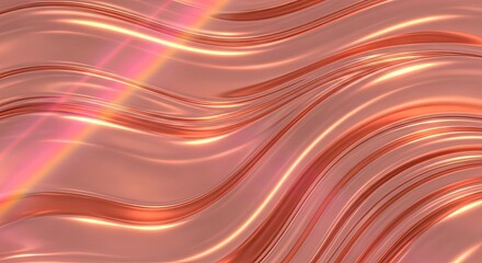 Abstract flowing waves of rose gold metallic liquid with soft light reflections and a glossy texture, creating an elegant and luxurious background