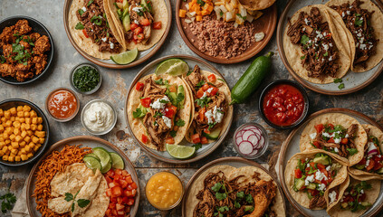 Photo of overhead shot of a variety of delicious tacos arranged on plates for a festive and colorful mexican food spread