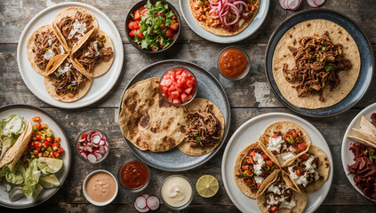 Photo of overhead shot of a variety of delicious tacos with fresh ingredients arranged on a rustic wooden table top