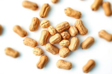 Assorted light brown pili nuts are centrally grouped surrounded by scattered nuts on a white background