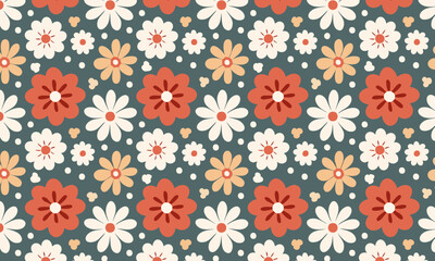 Seamless Folk Floral Pattern on a Dark Greyish-Green Background