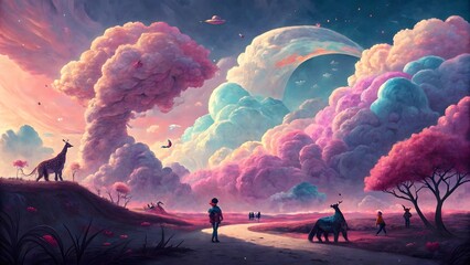 Fantasy Landscape with Giraffes &ndash; Dreamy Sky and Cosmic Clouds Digital Art