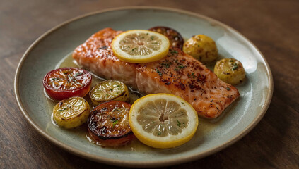 Photo of a delicious and healthy salmon dish served with roasted tomatoes and potatoes with a lemon garnish on a plate