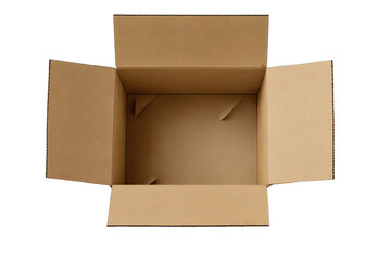Open cardboard box, top view.  Empty, light brown,  rectangular,  with flaps