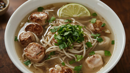 Photo of delicious bowl of vietnamese pho noodle soup with grilled pork scallops and fresh herbs for a tasty meal