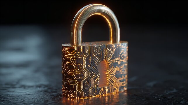 Data fortress A golden padlock securing digital information with an illuminated circuit design