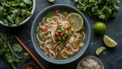 Photo of overhead shot of a flavorful bowl of vietnamese pho with fresh herbs and lime offering a delicious and aromatic culinary experience