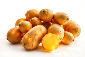 A pile of yellow potatoes one cut in half on a white surface