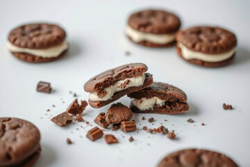 Obraz premium Chocolate sandwich cookies with cream filling some halved scattered chocolate pieces on a white surface