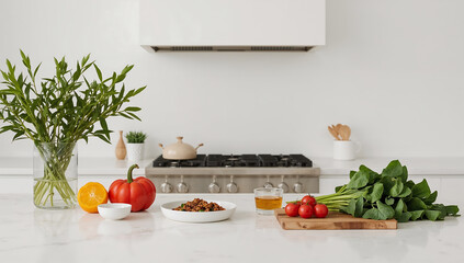Photo of bright and airy kitchen scene featuring fresh produce and cooking ingredients arranged on a clean white countertop