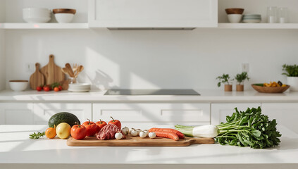 Photo of assortment of fresh vegetables on a white countertop in a bright kitchen ready for cooking a healthy meal