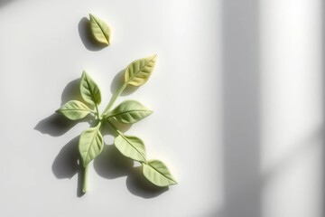 Fototapeta premium A sprig of leaves including a single detached leaf lies on a stark white surface with linear shadows