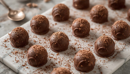 Photo of delicious homemade chocolate truffles sprinkled with cocoa powder on a marble board create a tempting sweet treat