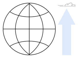 Globe grid symbolizing worldwide connection and advancement, accompanied by an upward arrow for growth. Ideal for success, progress, teamwork, innovation, globalization, leadership strategy. Simple