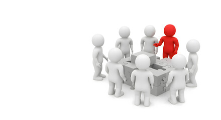 Teamwork and collaboration concept shown by a group of 3D figures and a jigsaw puzzle. The figures are gathered around, emphasizing unity and problem-solving skills.