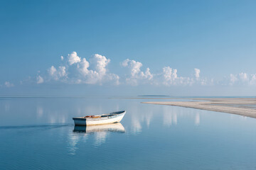 Obraz premium in picturesque maldives solitary vessel gently drifts across tranquil waters reflecting stunning natural beauty of