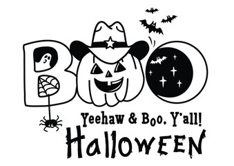 Howdy Halloween pumpkin with cowboy hat. Vector Happy Halloween Yeehaw & Boo Y'all printable illustration funny season pumpkin isolated on white for design.