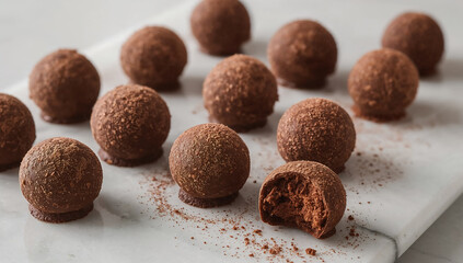 Photo of delicious chocolate truffles dusted with cocoa powder sit on a white marble board ready to eat