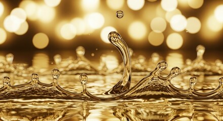 Closeup of a golden liquid splash with dynamic motion and elegant ripples, creating a luxurious and shiny abstract background