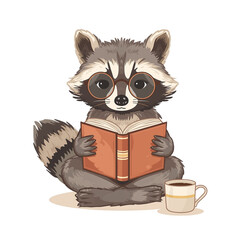 Cute Raccoon Reading a Book with Coffee Adorable Book Lover Animal Clipart PNG