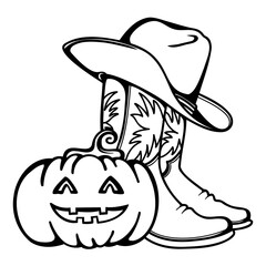 Halloween cowboy vector illustration. Howdy Halloween pumpkin and cowboy boots hand drawn illustration isolated on white. Cowboy by day, monster by night text