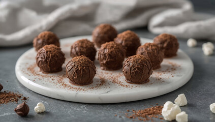 Photo of delicious homemade chocolate truffles dusted with cocoa powder arranged on a white marble plate for a gourmet dessert