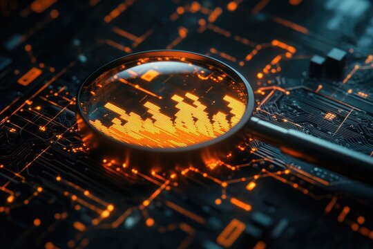 Magnifying glass focused on glowing data patterns on a circuit board