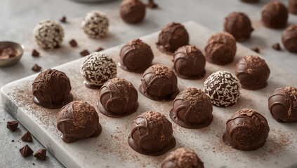 Photo of delicious chocolate truffles arranged on a white marble board for a sweet and decadent dessert indulgence
