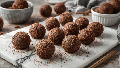 Photo of delicious homemade chocolate truffles sprinkled with cocoa powder on a marble board offer a sweet and tasty treat