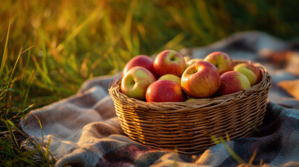 Basket of Fresh Apples on a Picnic Blanket. Ai gen.
