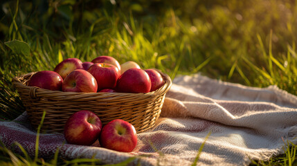 Basket of Fresh Apples on a Picnic Blanket. Ai gen.
