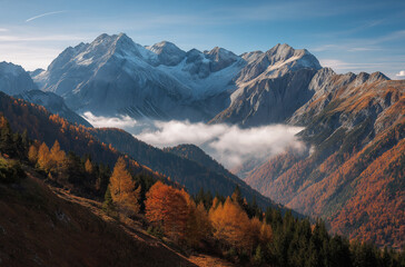 A panoramic view of the Triglav mountain range in the surroundings of Slon, with rocks and mists creating an atmosphere of mystery and grandeur,