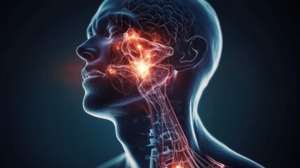 Anatomical Human Head with Highlighted Nerve Pathways