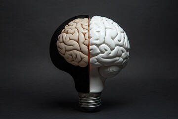 A split brain model, shaped like an incandescent lightbulb, sits on a dark gray surface. The bulb's halves are painted black and white, symbolizing duality or contrasting elements