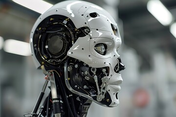 Wondrous hyper realistic closeup portrait artificial intelligent humanoid robot still in skeleton stage assemble in android factory.