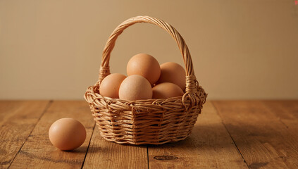 Photo of a rustic basket overflowing with fresh brown eggs rests on a weathered wooden table creating a warm and inviting scene