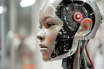 Fototapeta premium Wondrous hyper realistic closeup portrait artificial intelligent humanoid robot still in skeleton stage assemble in android factory.