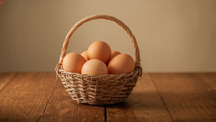 Photo of a basket of brown eggs sits on a wooden table in a rustic and natural still life composition for healthy eating