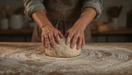 Photo of close up of a woman kneading dough on a wooden table for baking bread or pastry in a rustic kitchen