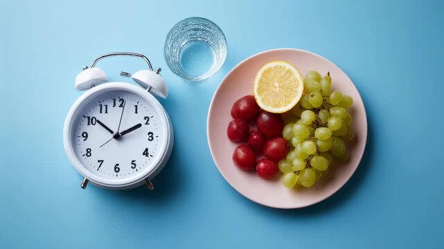 Focus on a clock flipping from fasting to eating windows alongside a calorierestriction record demonstrating how meal timing and calorie documentation combine for successful body