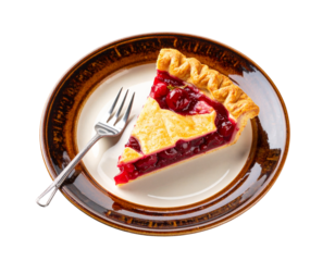 Cherry Pie Slice with Decorative Plate and Fork, Isolated on Transparent Background