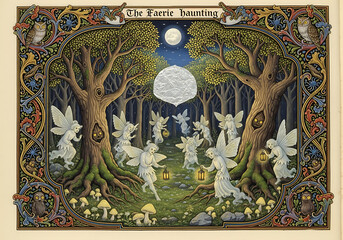 Illustration of fairies in a forest under a full moon with decorative border and owl details