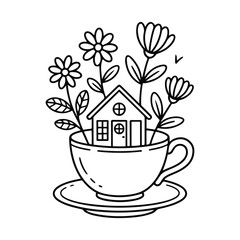 Whimsical House in a Teacup – Fun and Relaxing Coloring Page for All Ages, Cute & Cozy Coloring Book for Relaxation and Creativity