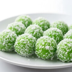 Traditional Indonesian Klepon sweet rice cake balls with grated coconut on a white plate.