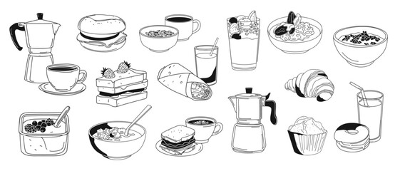Line art breakfast menu set. Coffee pot and cup, bagel, cereal in bowl, healthy yogurt with berries and fruit. Morning food vector design