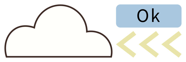 Cloud outline, Ok text in blue rectangle, three yellow diagonal arrows. Ideal for technology, data storage, approval, efficiency, cloud computing workflow progress. Simple flat metaphor