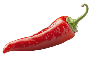 Close-up of a single, vibrant red chili pepper.  Its smooth, glossy skin is highlighted against a pure black background. The pepper's pointed end curves slightly upward, and the stem end is visible