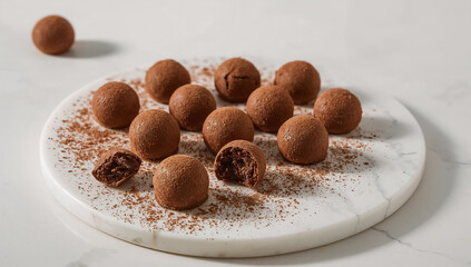 Photo of delicious chocolate truffles displayed on a round marble plate creating an inviting and tempting treat for any chocolate lover