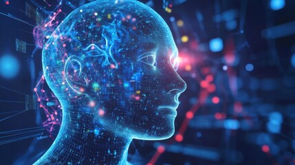 Futuristic Human Head with Digital Elements and Lights